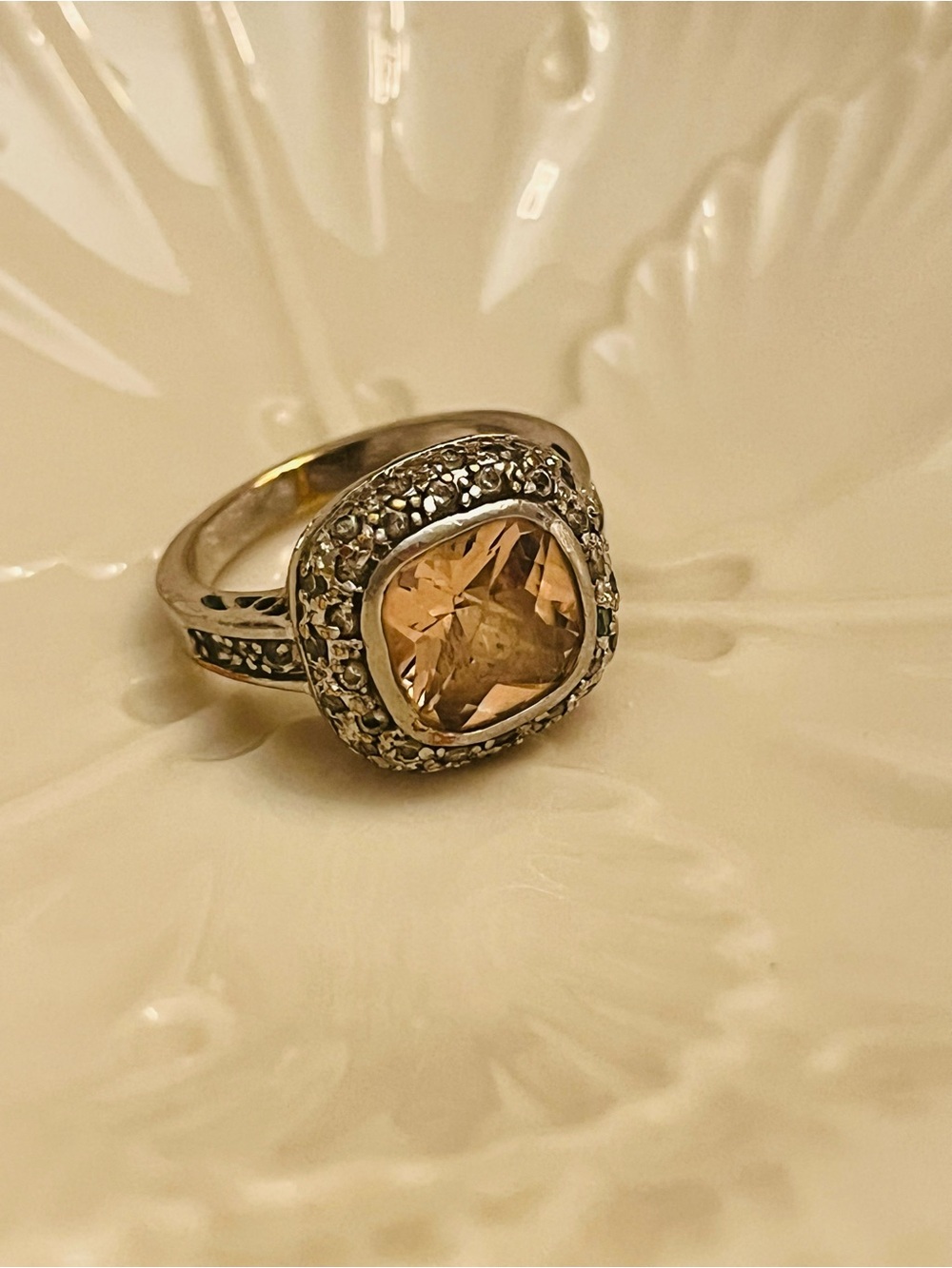 Vintage Silver Plated Cushion-Cut Champagne Topaz Ring w/Rhinestones Halo (GUC)